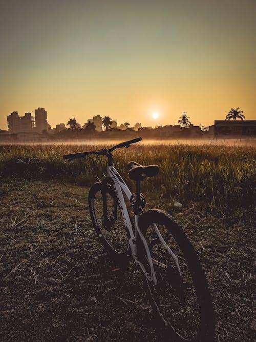 Free A White Bicycle on the Grassy Field during Sunset Stock Photo