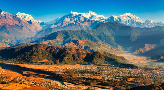 Breathtaking view of snow-capped mountains and lush valleys under a clear blue sky.