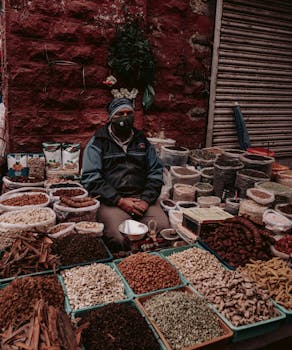 A vendor selling a variety of spices in a Bengaluru market, showcasing local flavors and culture.