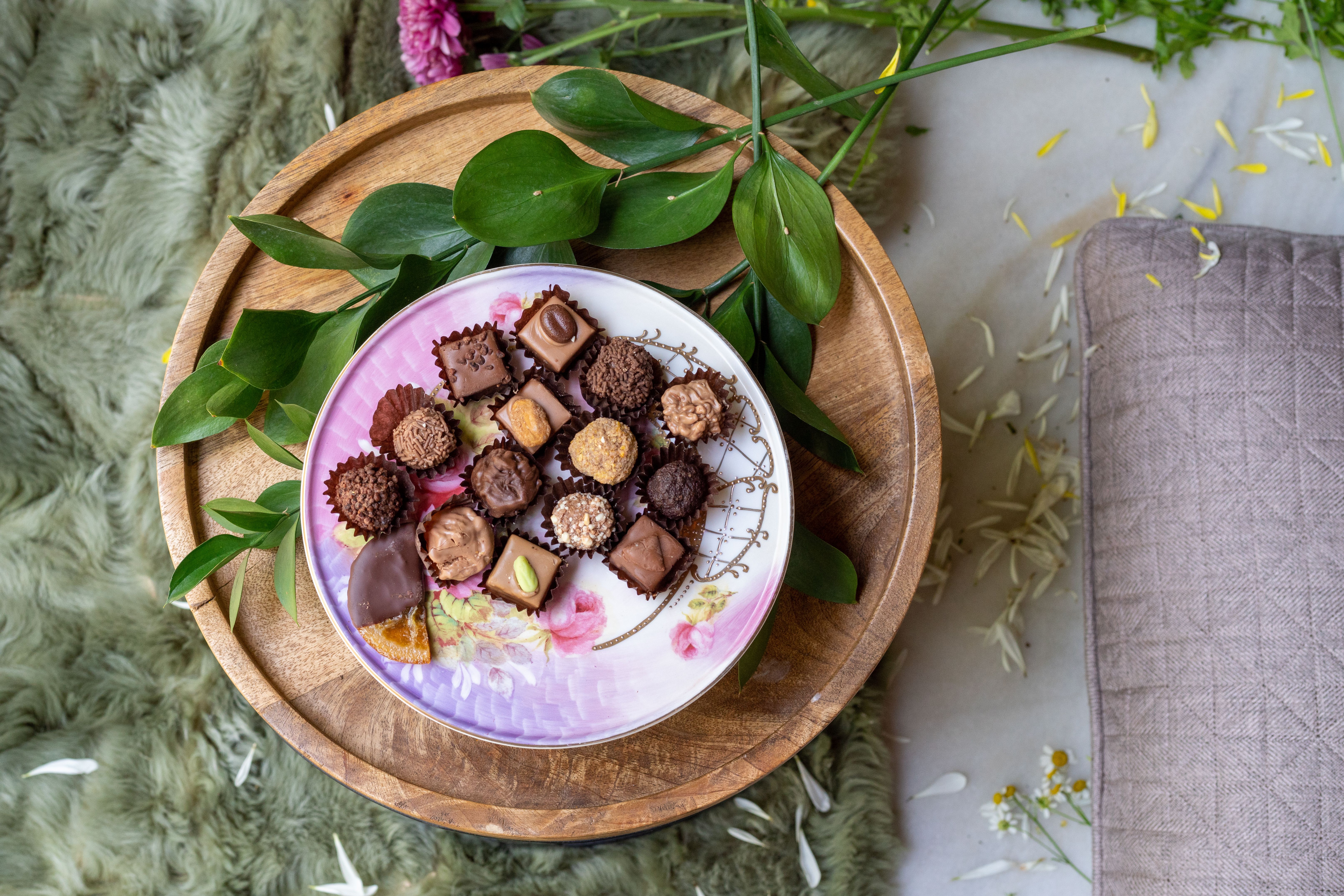 Variety of chocolates placed on platter