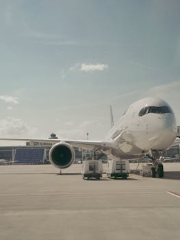Front view of a parked commercial jetliner at an airport on a clear sunny day.