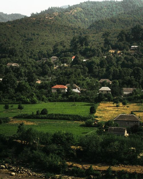 Free A picturesque village nestled among verdant hills and dense forests, showcasing rural beauty. Stock Photo