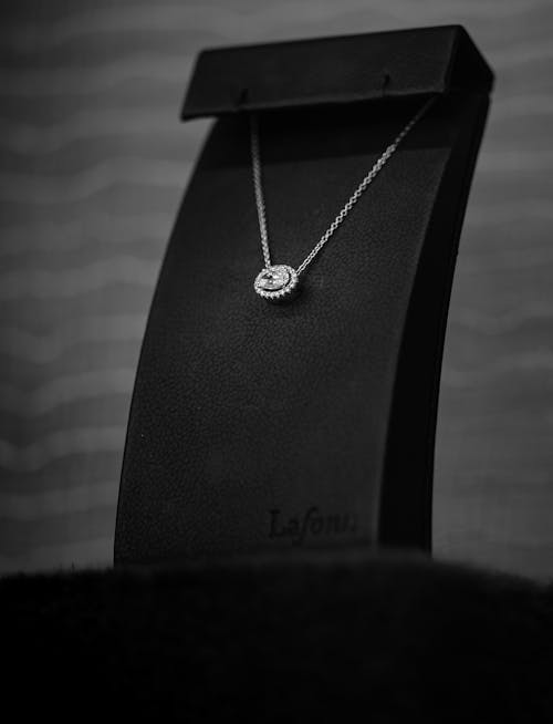 Grayscale Photo of a Necklace with Pendant