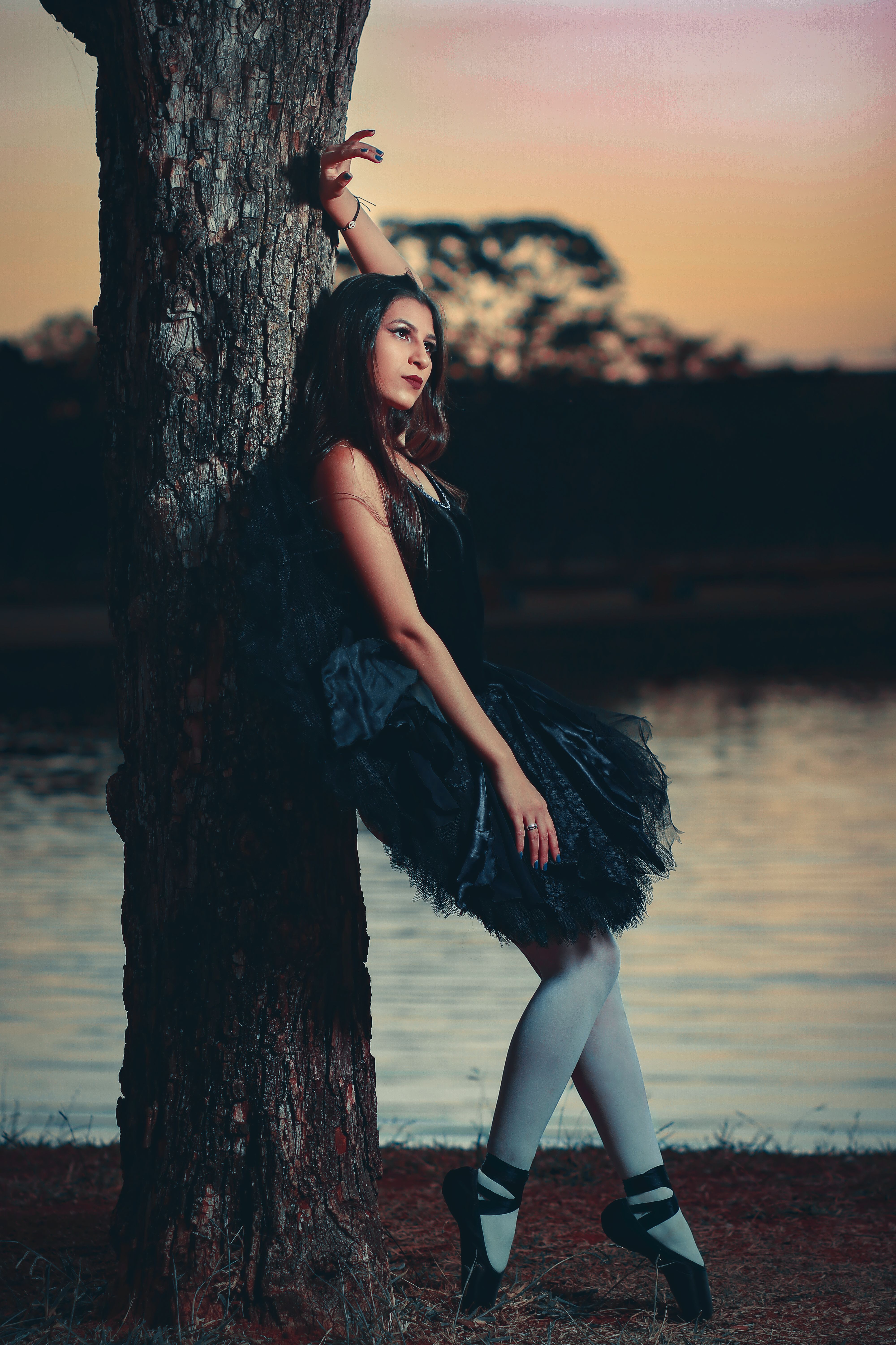 Woman in Black Dress Leaning on a Tree · Free Stock Photo