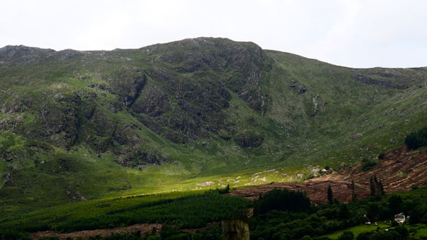 在多云的天空下，爱尔兰戈尔韦县的山脉郁郁葱葱，景色迷人