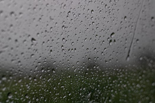 Raindrops streaming down a car window creating a moody atmosphere.