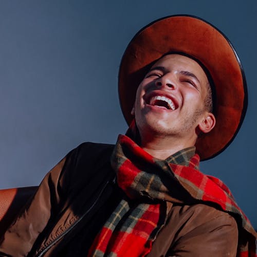Free A Men Wearing a Plaid Scarf and Cowboy Hat Stock Photo
