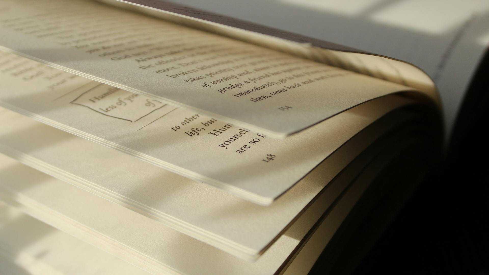 Detailed close-up of an open book, highlighting the text in soft natural light.