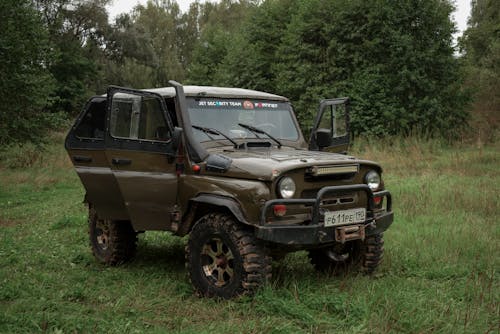 A Black Jeep Parked on a Grassy Field