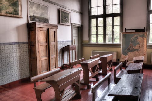 Brown Wooden Desks With Benches