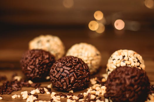 Close-up of assorted brigadeiros with chocolate and nuts on a wooden table, showcasing Brazilian dessert.