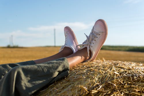 Person in White Sneakers with Legs on Hay