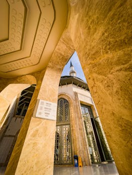 Vertical low angle shot of Ottoman architecture mosque facade in Istanbul.