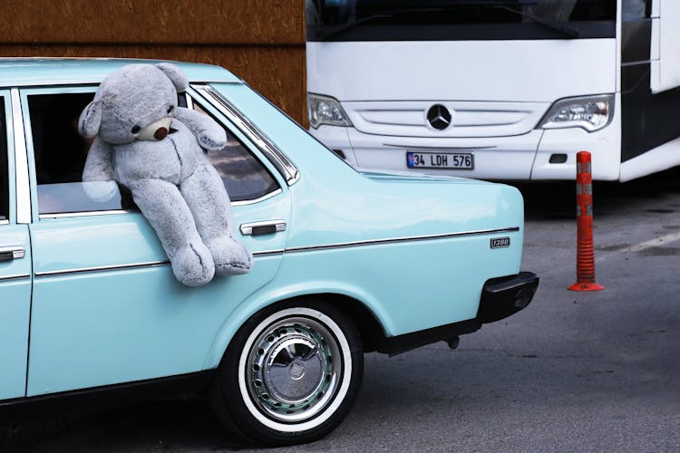 A Teddy Bear Hanging Out Of The Back Window Of A Car