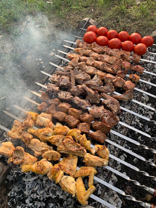 Free Cooking Skewered Meat on a Grill Stock Photo