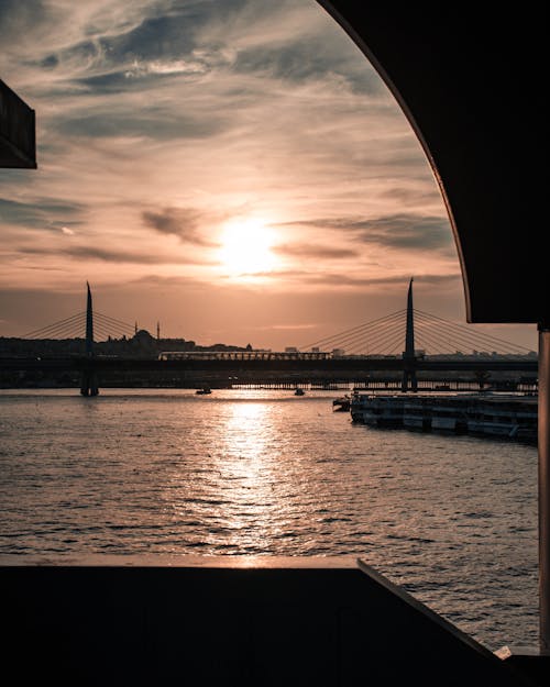 Silhouetted Golden Horn Bridge in Istanbul, Turkey 