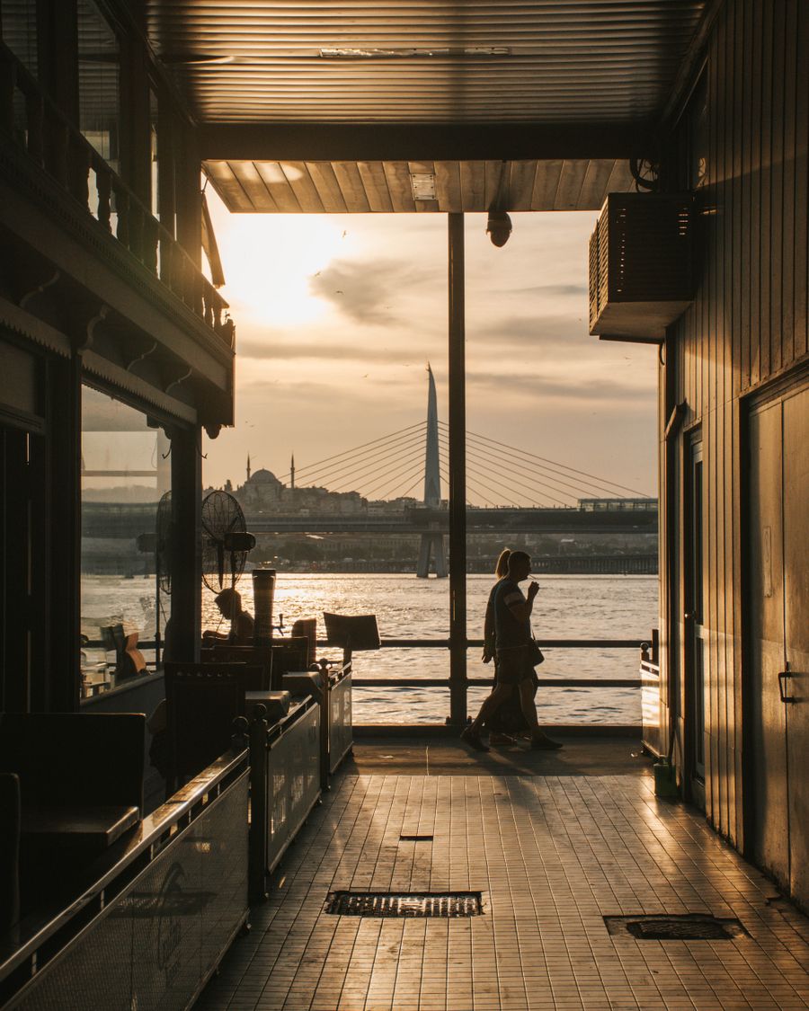 Bosphorus at sunset with Istanbul skyline