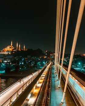 Stunning nighttime view of the Golden Horn Metro Bridge in Istanbul, featuring city lights and architecture.