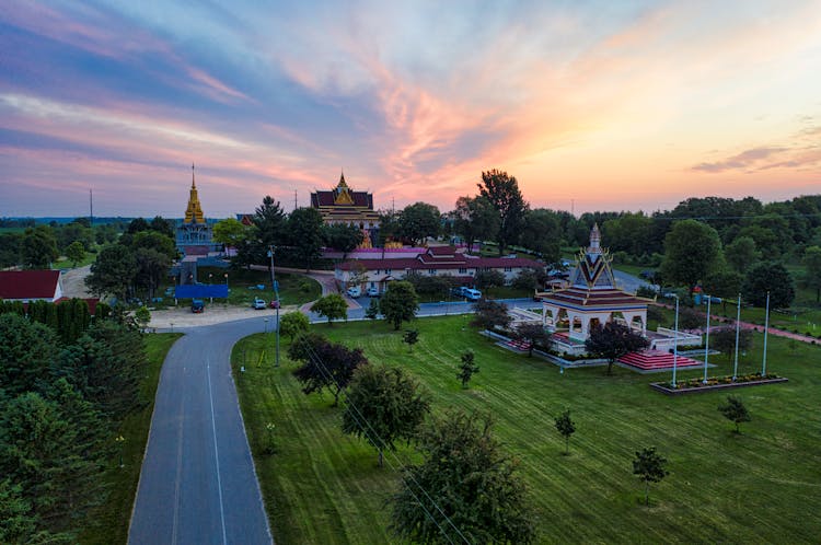 Buddhist Temples On Grass Field