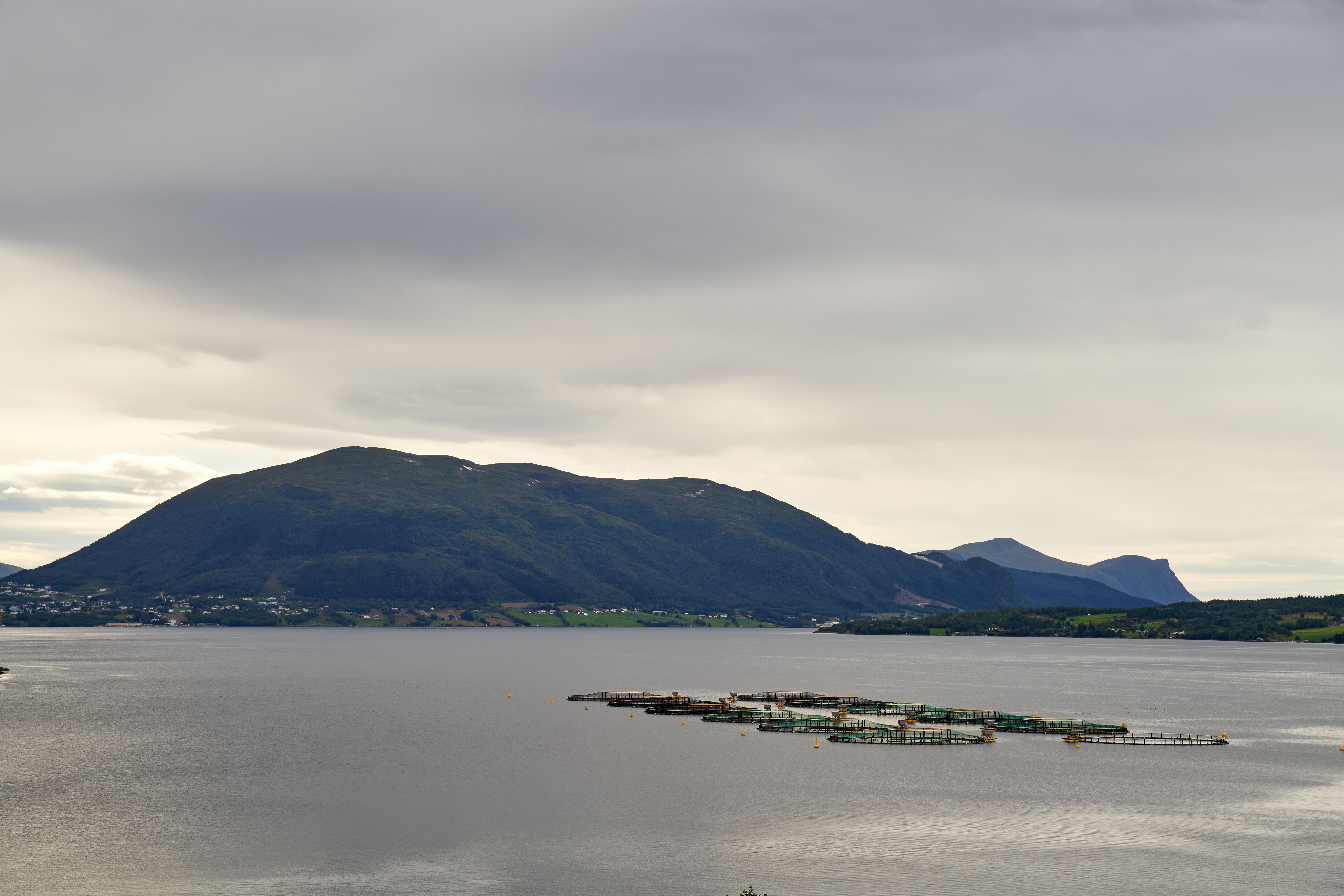 Aerial coastal scene with mountains and fish farms under a cloudy sky, showcasing tranquility.
