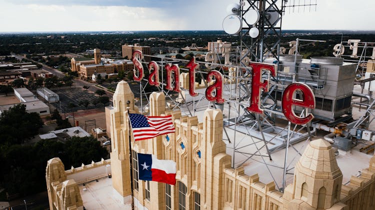 A Red Santa Fe Signage On Santa Fe Building In Amarillo, Texas, United States