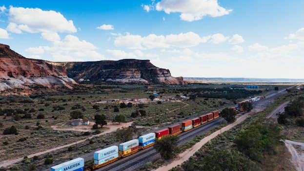 A colorful freight train moves through a picturesque valley under a blue sky.