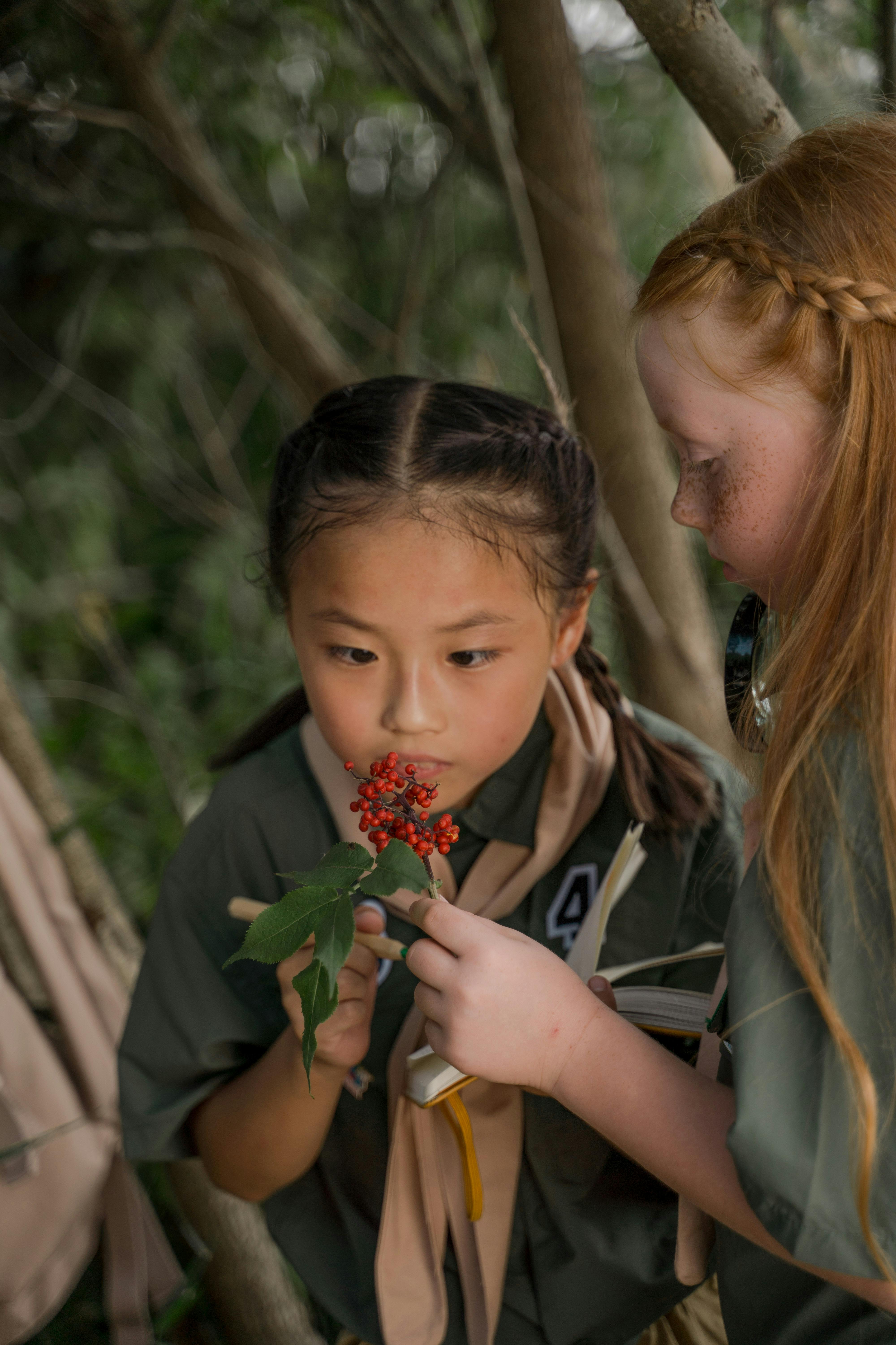 Two girl scouts explore nature, examining a plant closely outdoors.