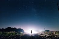 广阔星空下，一个人站在道路上的剪影，远处灯光点点
