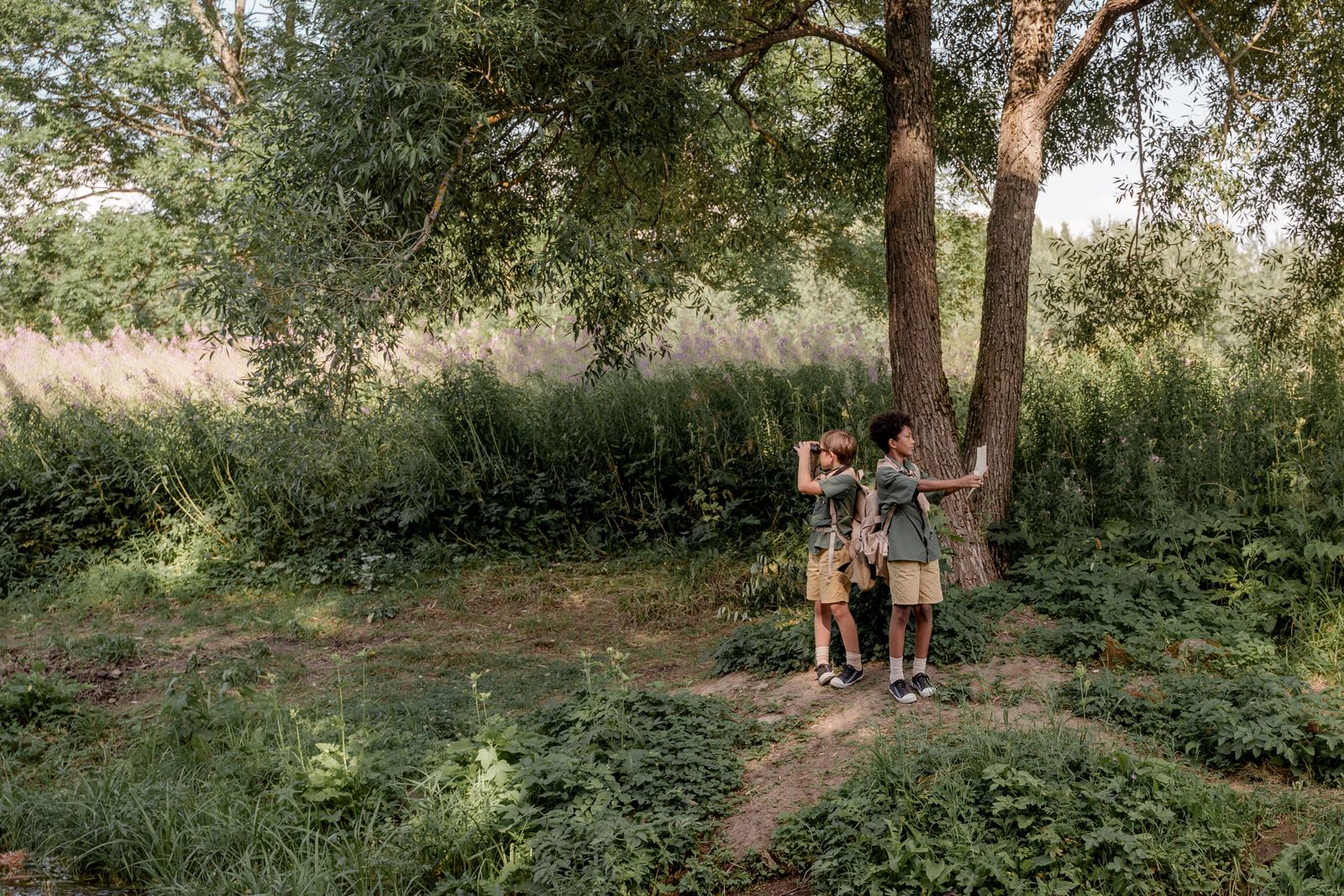 Two children using binoculars and a map while exploring beside a woodland stream