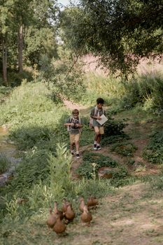 Two young boys walking through forest with map and camera, encountering ducks.