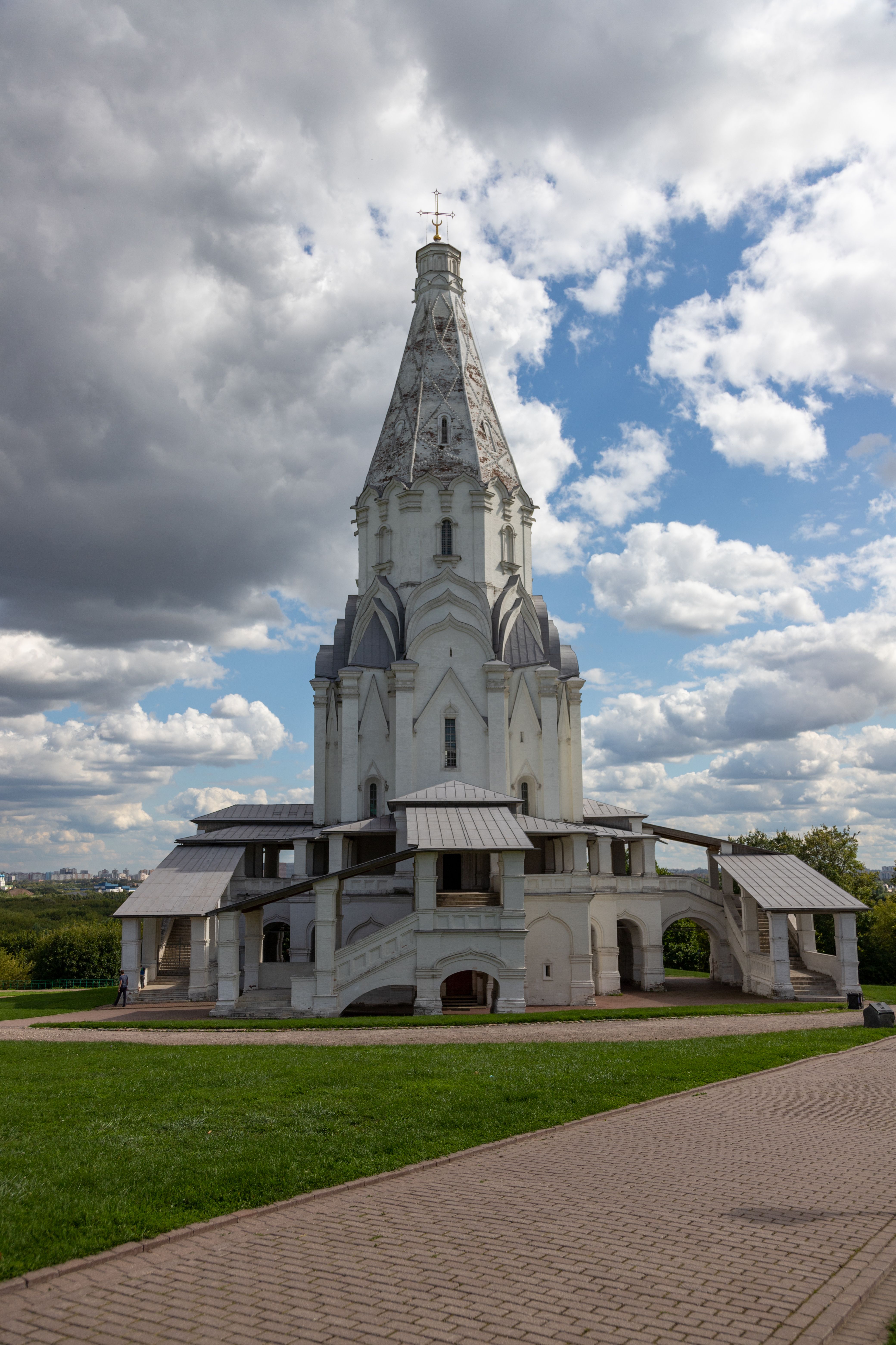 Historic Church of the Ascension in Kolomenskoye Park, Moscow with cloudy sky
