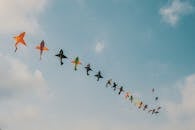 晴朗的日子里，充满活力的风筝在清澈的蓝天上翱翔，非常应景