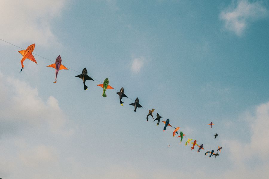 Assorted colorful kites soaring in a clear blue sky