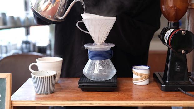 A barista pours hot water over a drip filter to brew fresh coffee.