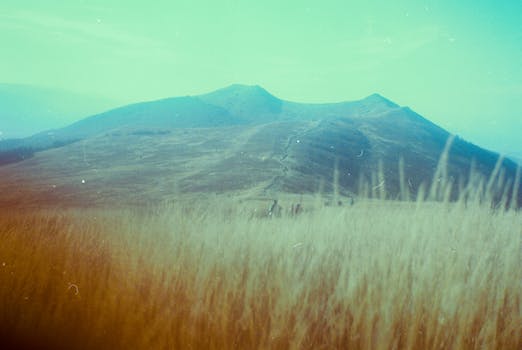 A vintage landscape of mountains and a grass field under a bright sky.
