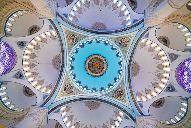 Upward View Of A Decorative Mosque Ceiling