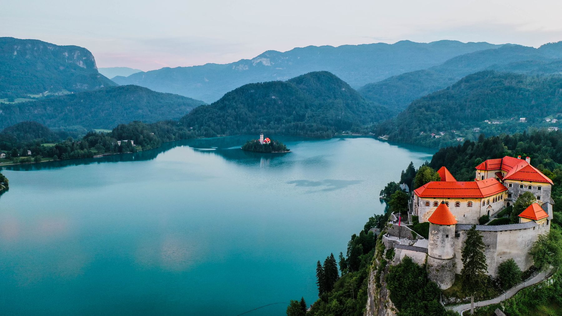 Bled Castle above Lake Bled and the Julian Alps