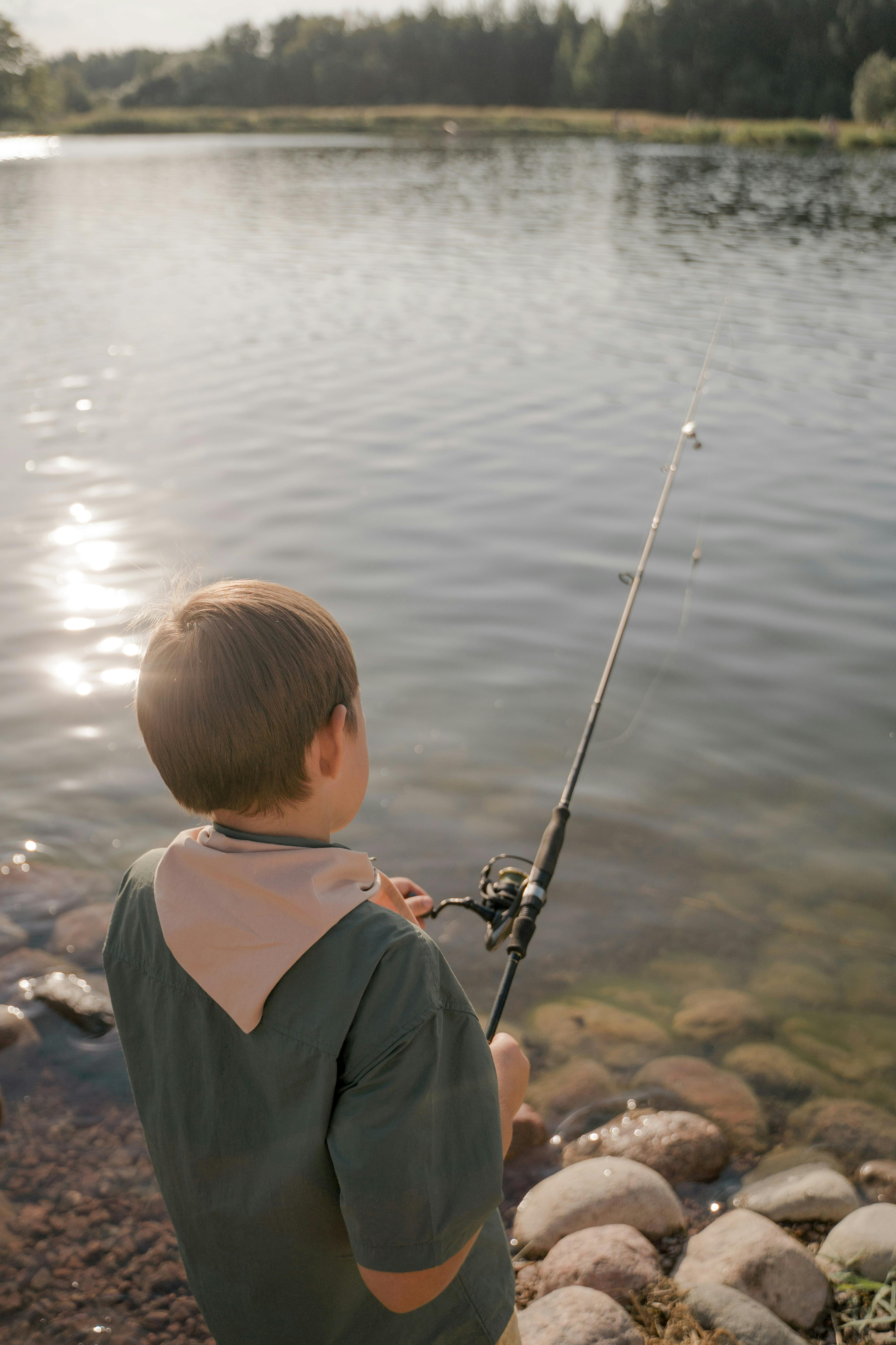 Back View of a Boy Fishing at the Lake · Free Stock Photo