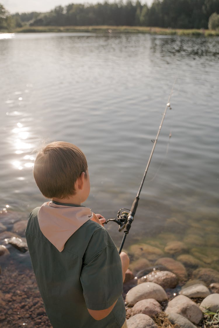 Back View Of A Boy Fishing At The Lake