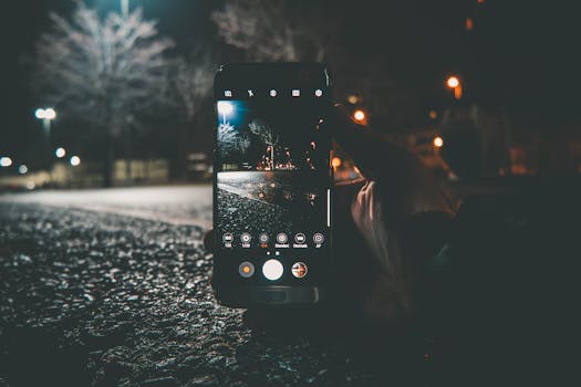 夜晚，他一只手握着智能手机，捕捉街景、灯光和散景