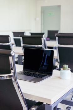 A sleek office setting with a laptop and a small cactus on a desk, ideal for business features.