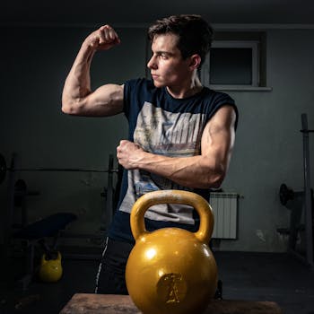 Fit man flexing arm muscles in a gym with a kettlebell, showcasing fitness and strength.