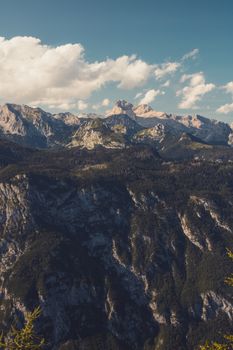 A breathtaking view of the mountain landscape with clear skies in Radovljica, Slovenia.