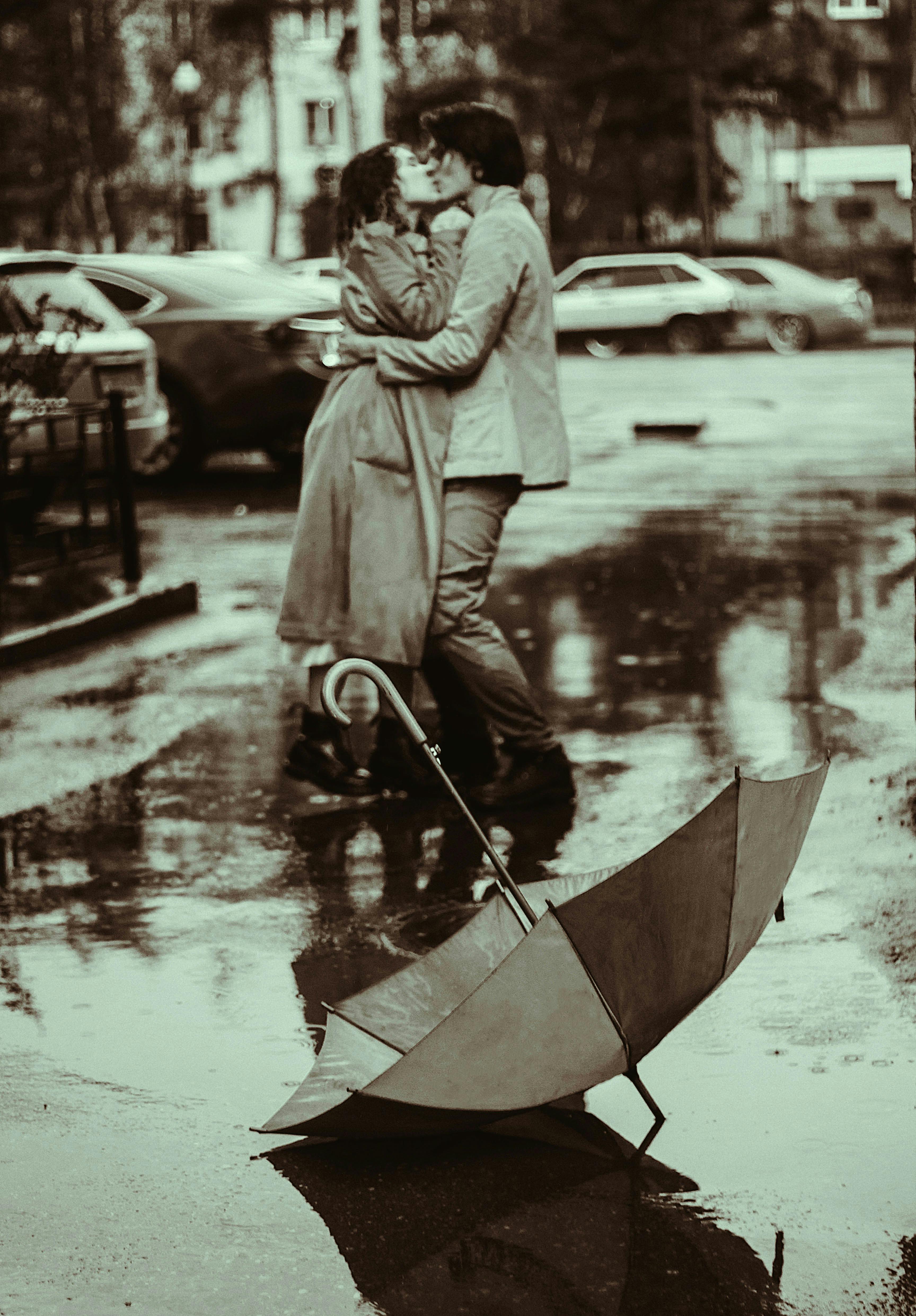 couple hug in rain