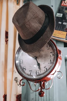 A classic wall clock adorned with a checkered retro hat in an indoor vintage setting.