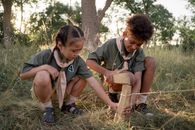 Interracial Kids Setting In Wood Chunk on Ground