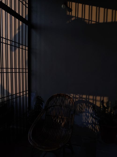 Free Rattan chair casting shadows in a dimly lit indoor room with potted plants and a fence. Stock Photo