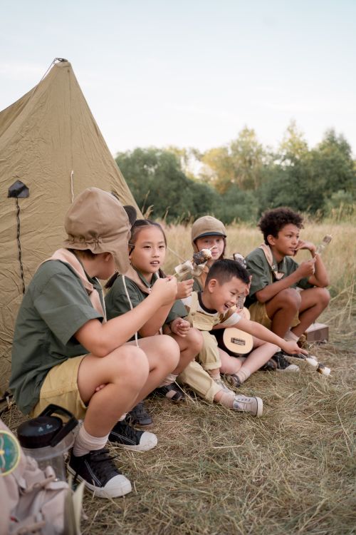 Free Children camping outdoors, roasting marshmallows near a tent. A fun and diverse camping experience. Stock Photo