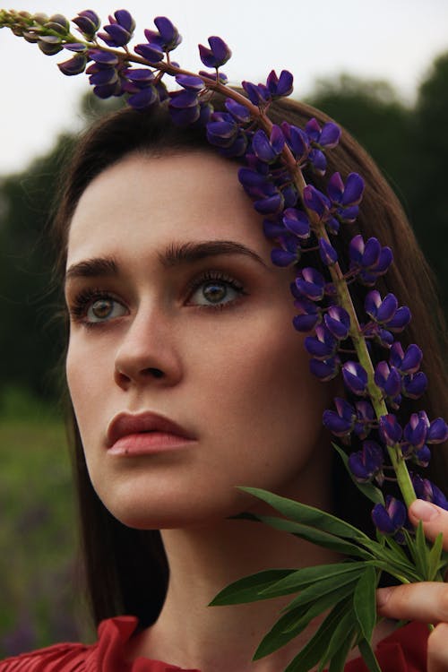 Free Beautiful Woman with Purple Stem of Flowers Stock Photo