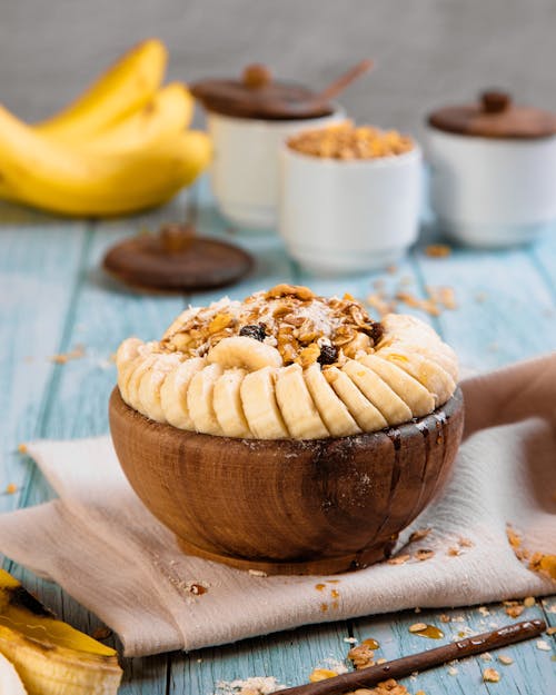 Free Oatmeal with Bananas in a Kitchen Stock Photo